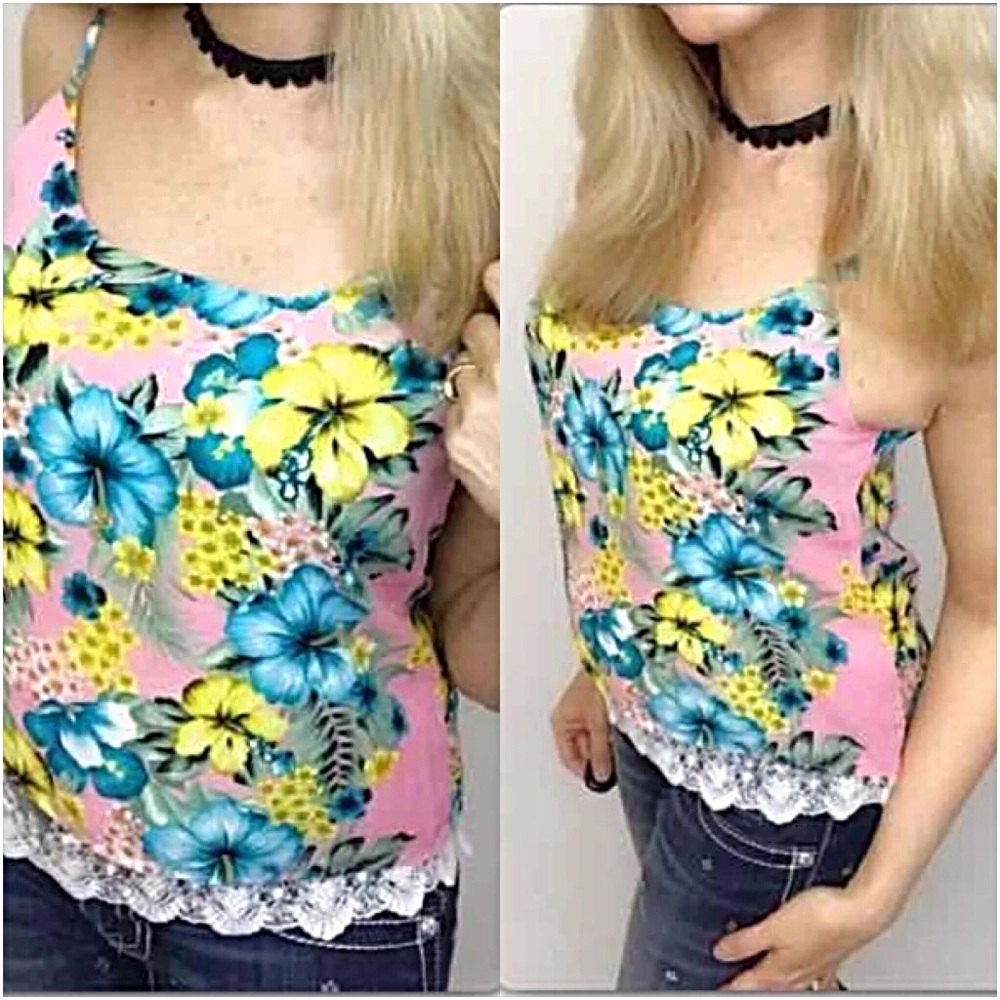 Lace Hem Lined Floral Spaghetti Blouse SML - Picture 3 of 4